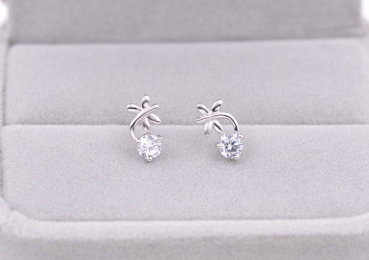 Sterling Silver Rhinestone Embellished Triangle Cherry Floral Waterdrop Wave Crown Stud Earrings S925 Finding