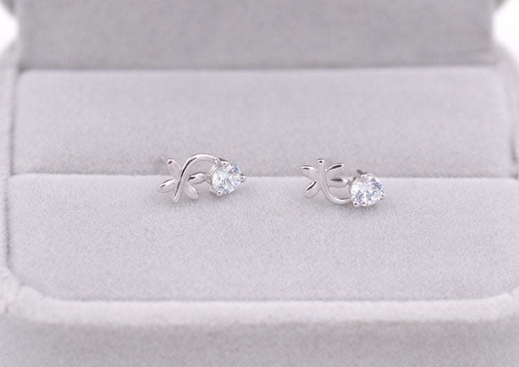 Sterling Silver Rhinestone Embellished Triangle Cherry Floral Waterdrop Wave Crown Stud Earrings S925 Finding