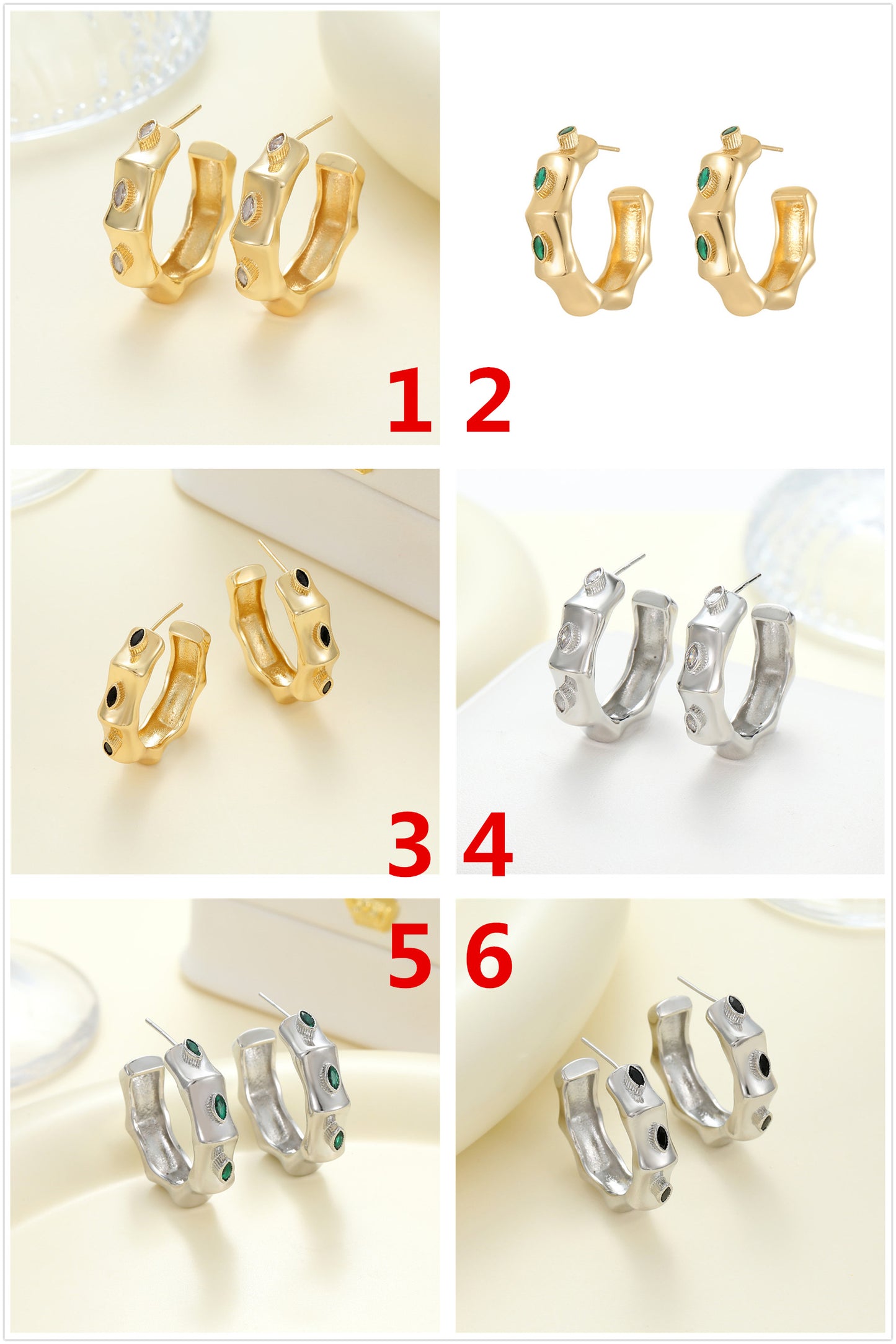 4 grosses boucles d'oreilles à tige articulées ornées de strass 14K GF