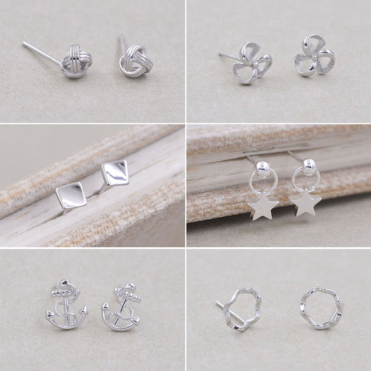 Sterling Silver Knot Floral Bowknot Square Mask Anchor Stud Earrings S925 Finding