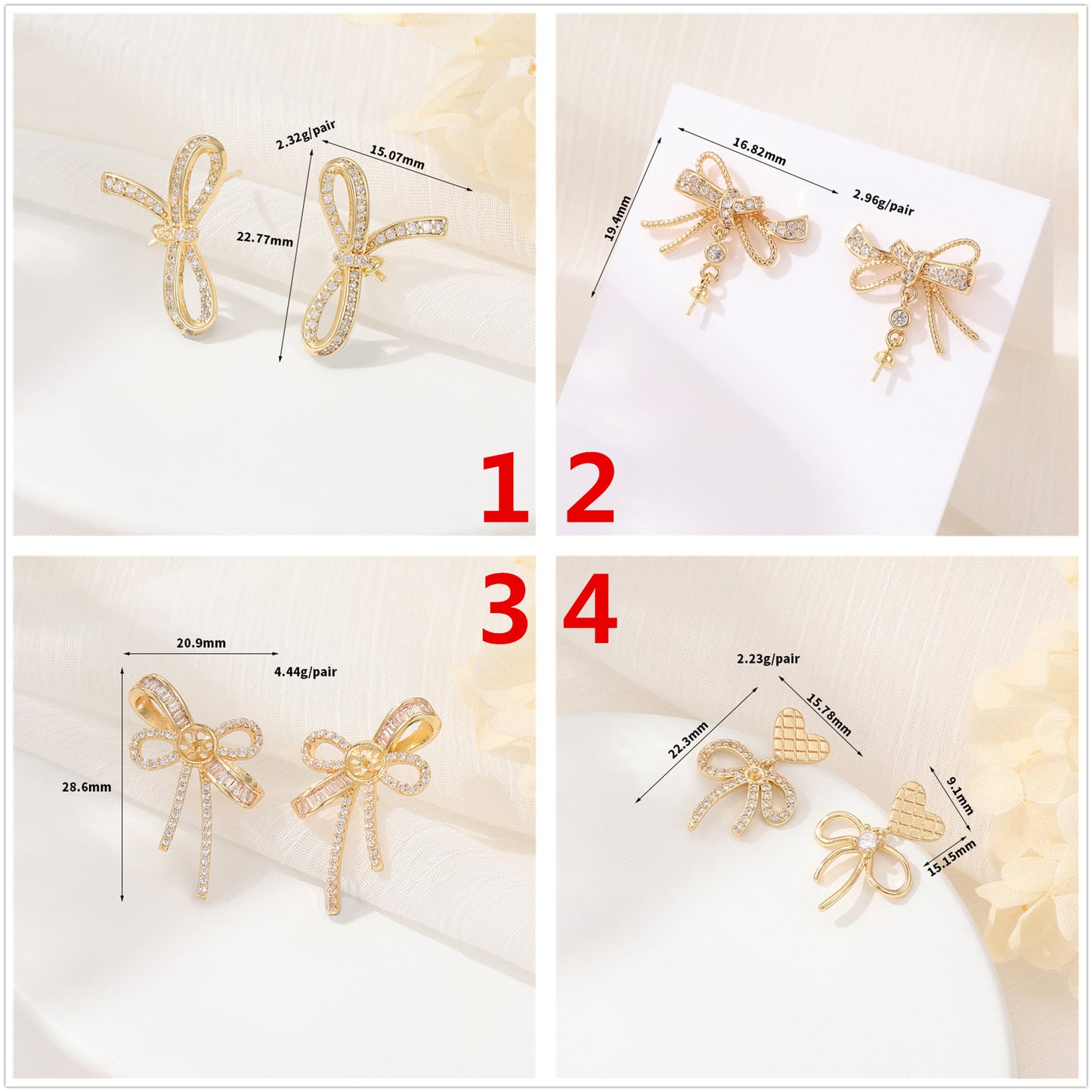 4 boucles d'oreilles à nœud papillon ornées de strass 14K GF, boucles d'oreilles à moitié percées, perle vierge