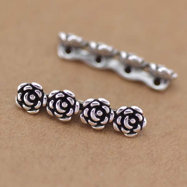 Sterling Silver Three Four Holes Rose Floral Bead Spacer S925 Finding