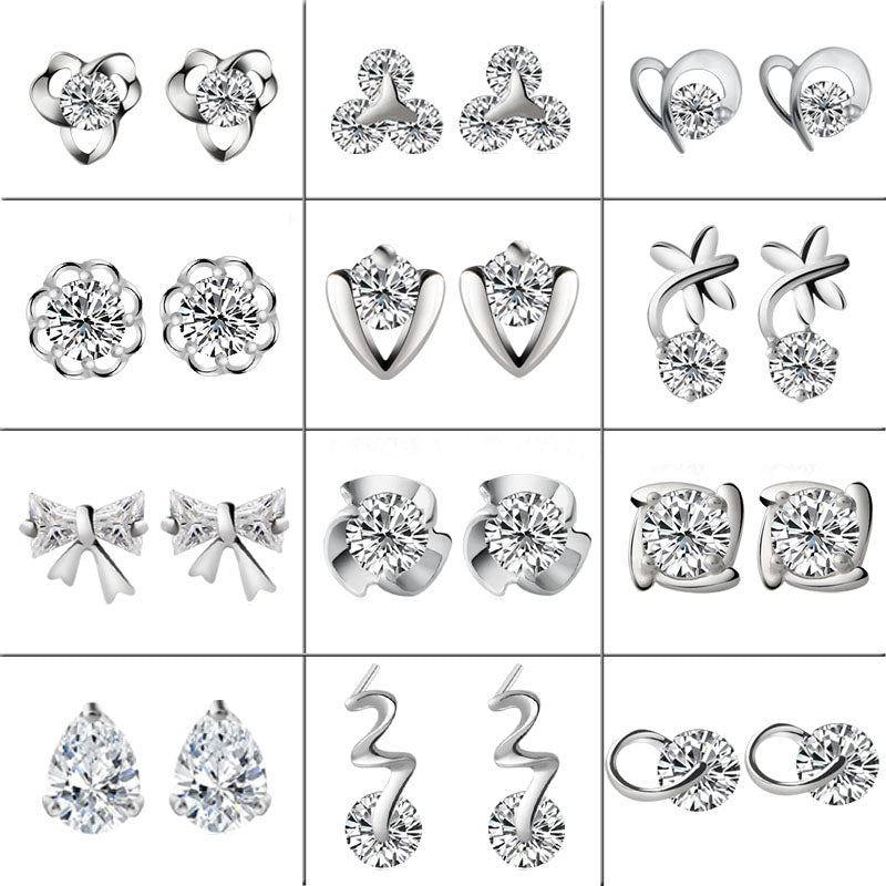 Sterling Silver Rhinestone Embellished Triangle Cherry Floral Waterdrop Wave Crown Stud Earrings S925 Finding