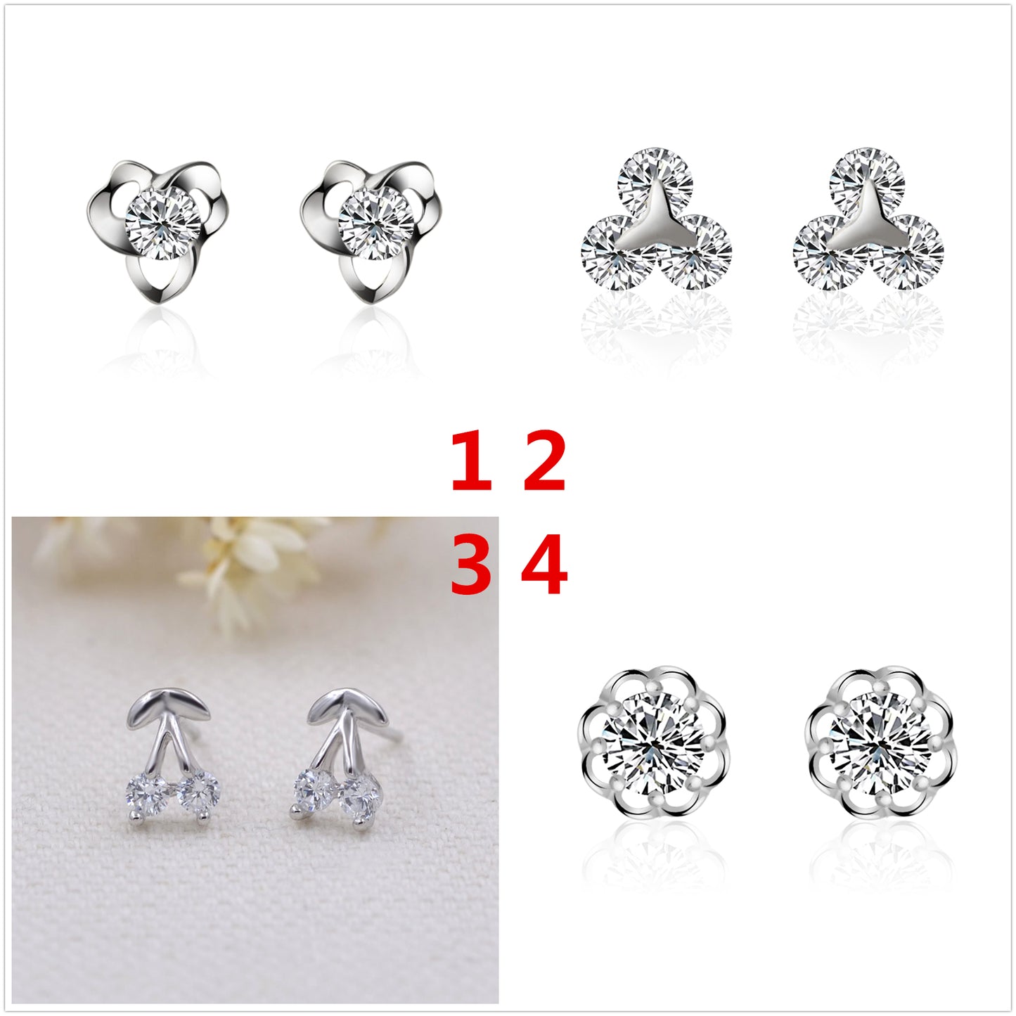 Sterling Silver Rhinestone Embellished Triangle Cherry Floral Waterdrop Wave Crown Stud Earrings S925 Finding