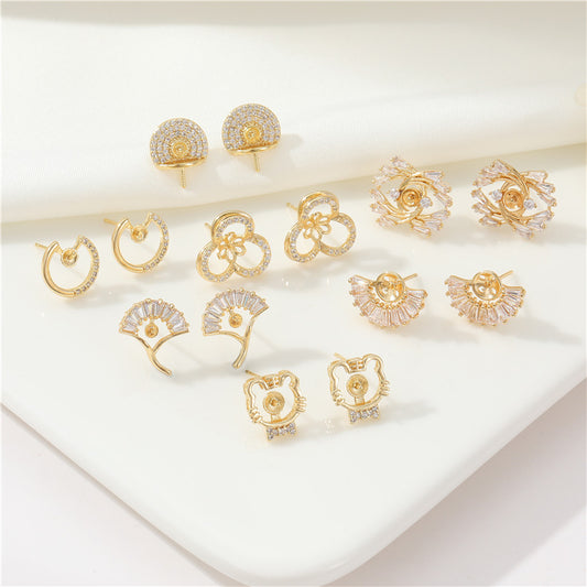 4 boucles d'oreilles à tige en forme de tigre floral, feuille de Ginkgo, ornées de strass 14K GF, boucles d'oreilles à moitié percées, perle vierge