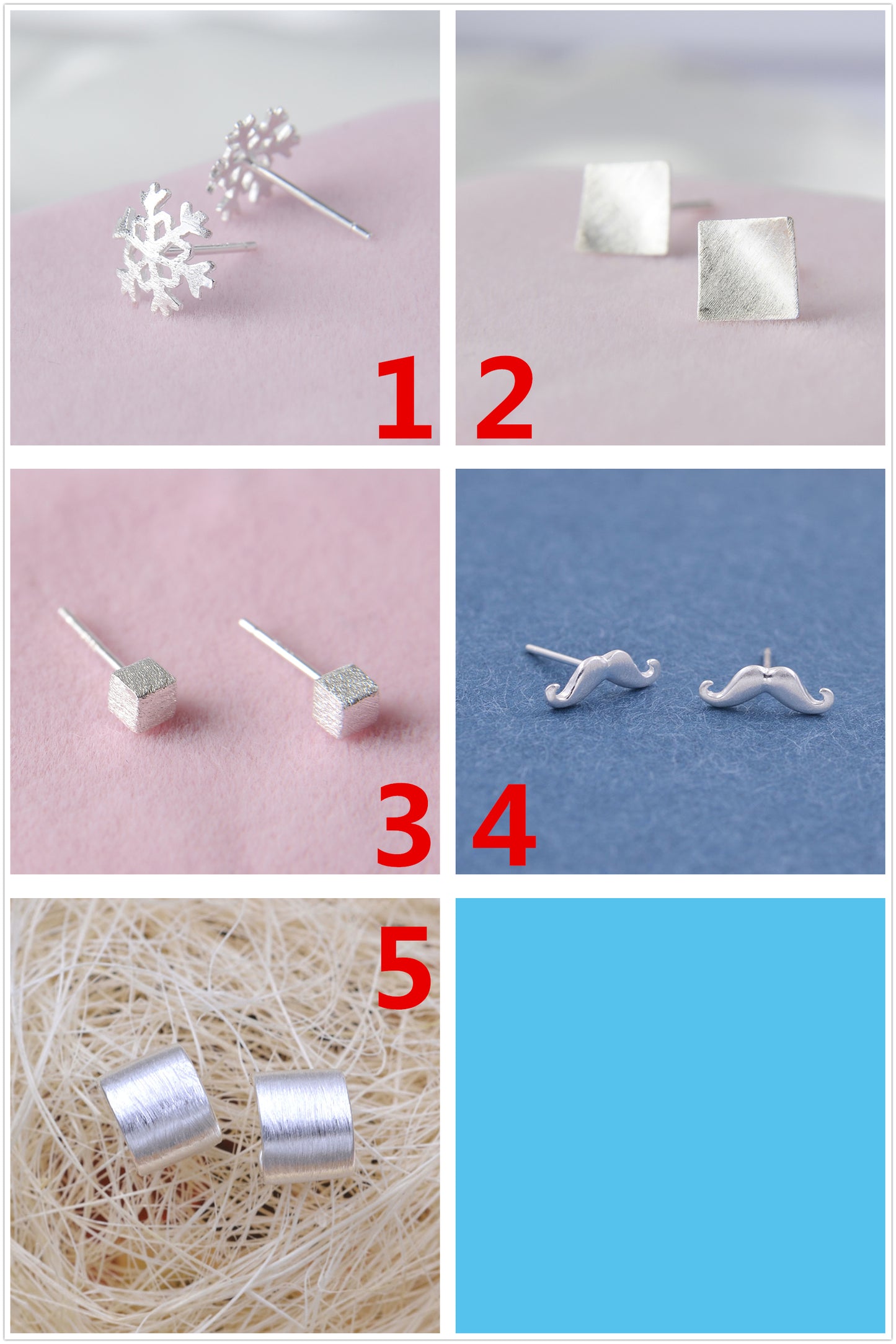 Sterling Silver Matte Snowflake Square Cuboid Mustache Arc Stud Earrings S925 Finding