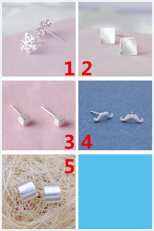 Sterling Silver Matte Snowflake Square Cuboid Mustache Arc Stud Earrings S925 Finding