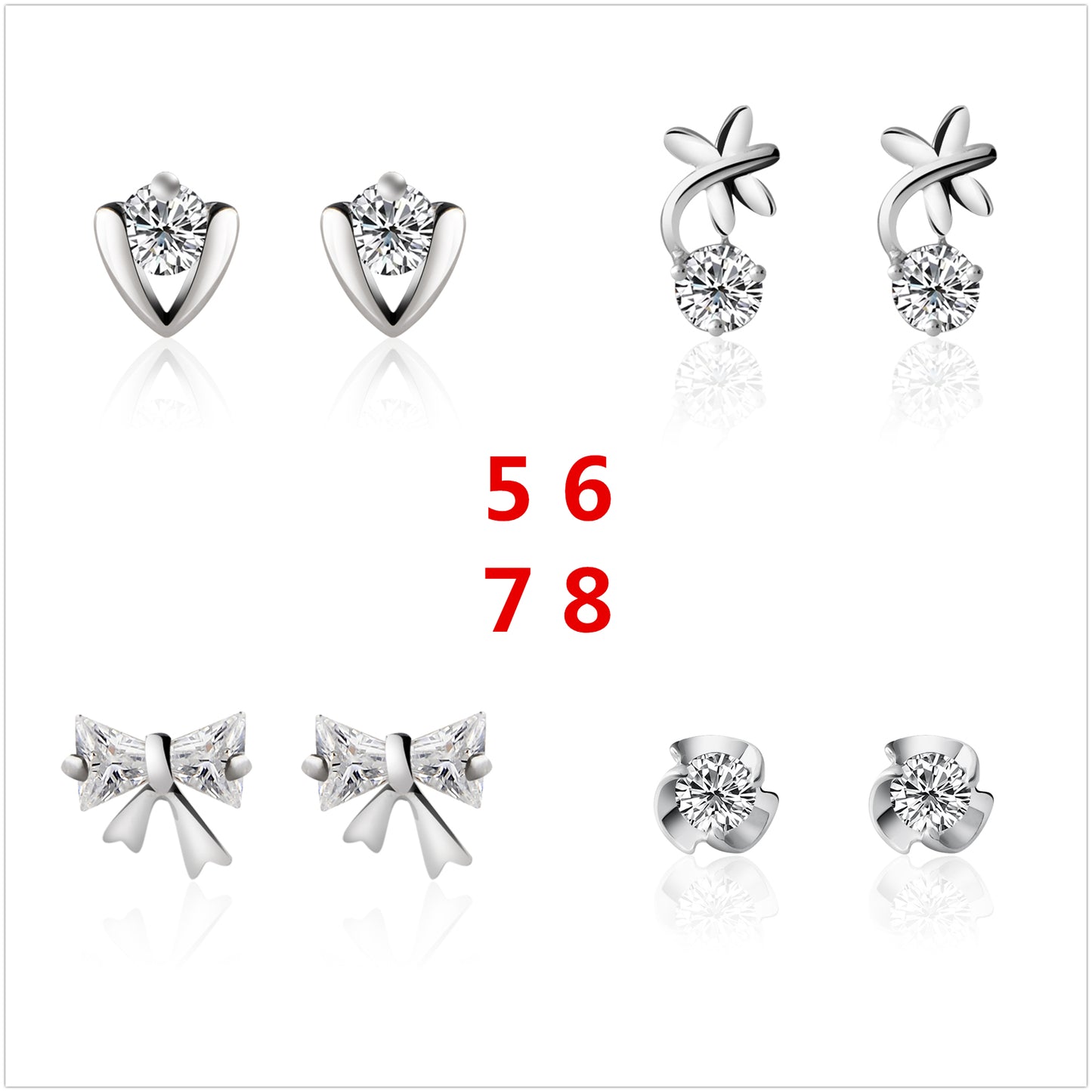 Sterling Silver Rhinestone Embellished Triangle Cherry Floral Waterdrop Wave Crown Stud Earrings S925 Finding