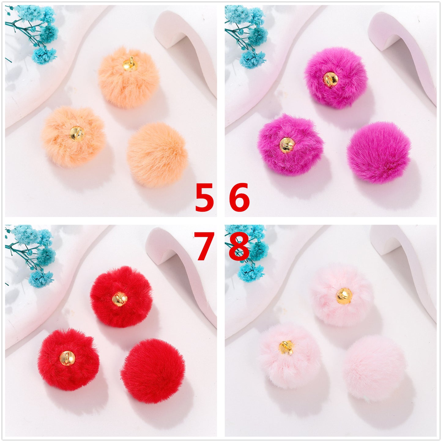 100 Fluffy Rabbit Fur Ball Charms Pom Pom Earring Drop with Loop Handbag Multicolor for Customize Puff Ball Keychains 20mm