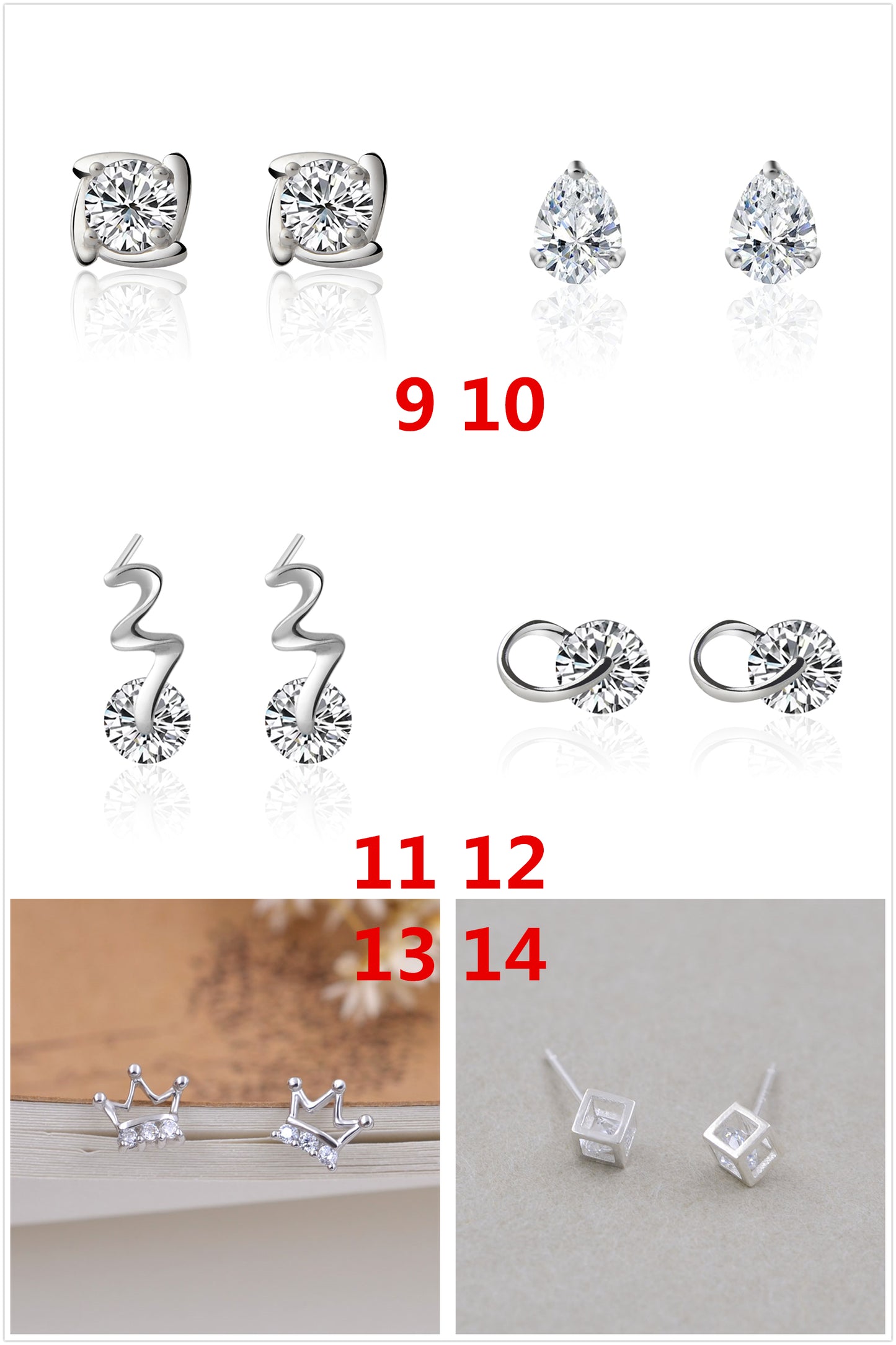 Sterling Silver Rhinestone Embellished Triangle Cherry Floral Waterdrop Wave Crown Stud Earrings S925 Finding