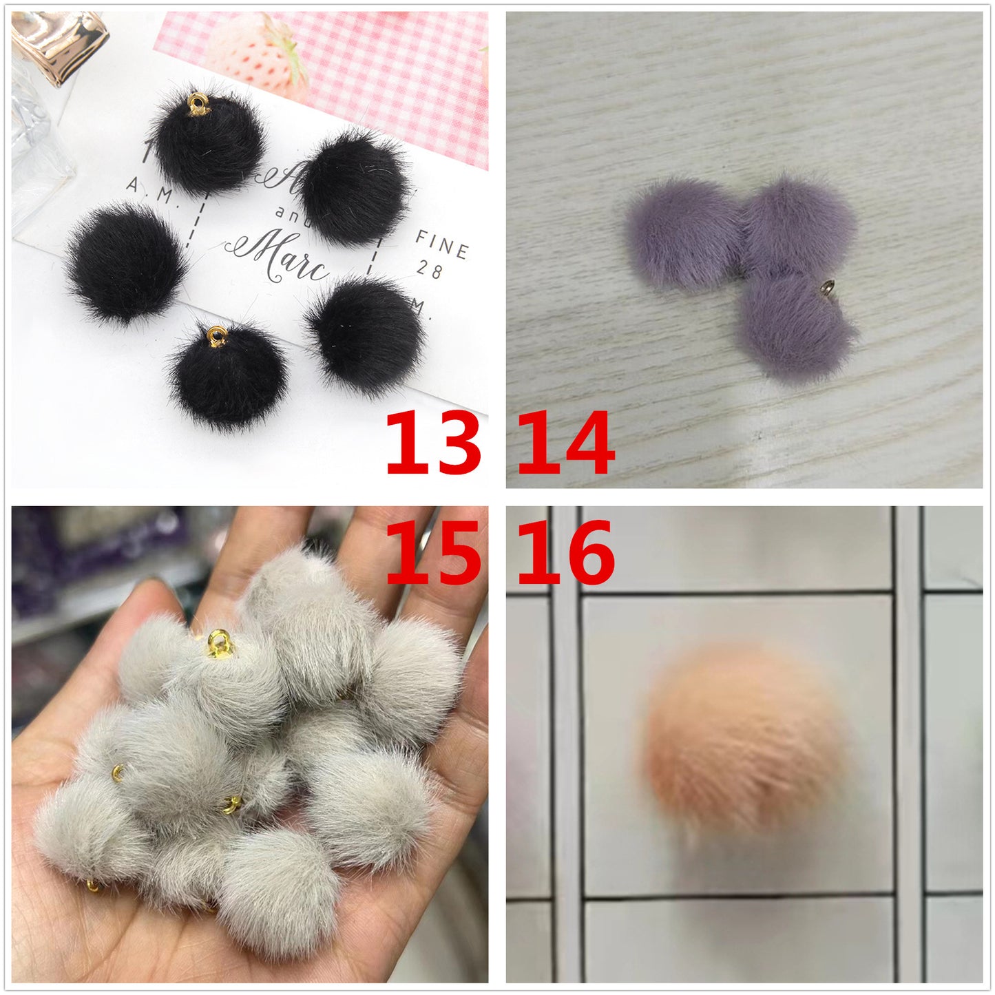 100 Fluffy Mink Fur Ball Charms Pom Pom Earring Drop with Loop Handbag Multicolor for Customize Puff Ball Keychains 15mm