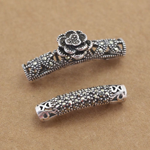 Sterling Silver Rhinestone Bent Floral Pipe Bead Spacer S925 Finding