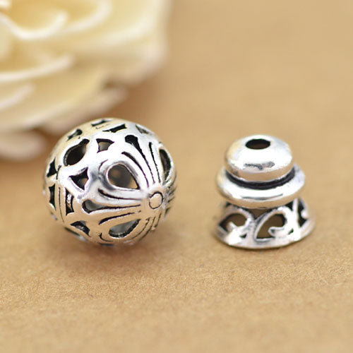 Sterling Silver Three Holed Round Bead and Cone Lotus Spacer S925 Finding