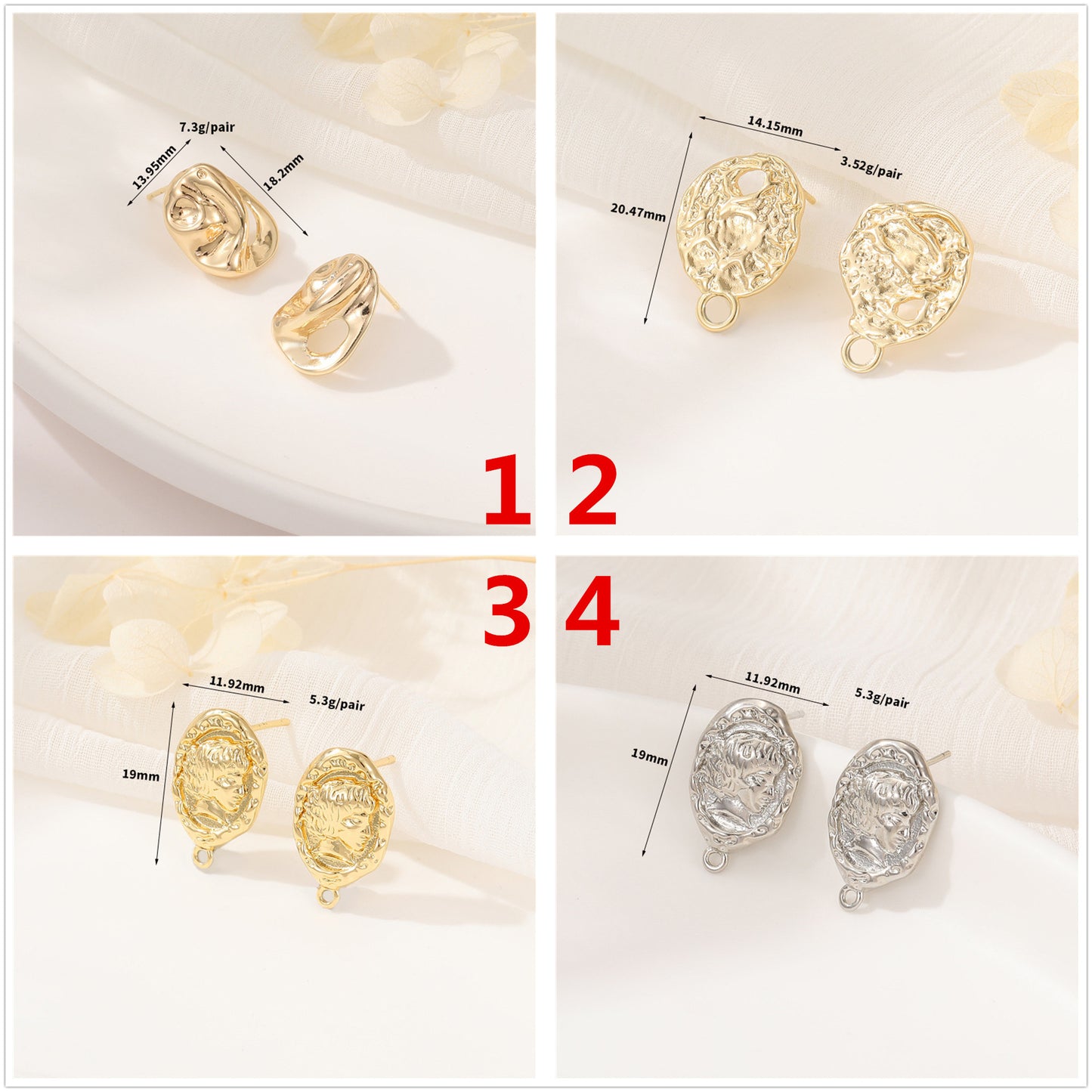 4 boucles d'oreilles ovales fondues avec boucle d'oreille 14K GF