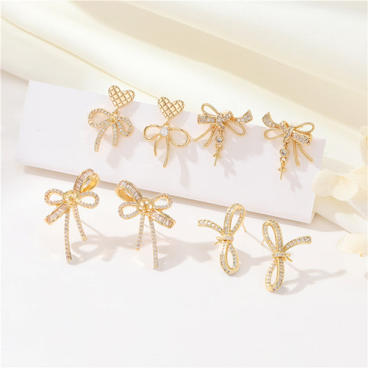 4 boucles d'oreilles à nœud papillon ornées de strass 14K GF, boucles d'oreilles à moitié percées, perle vierge