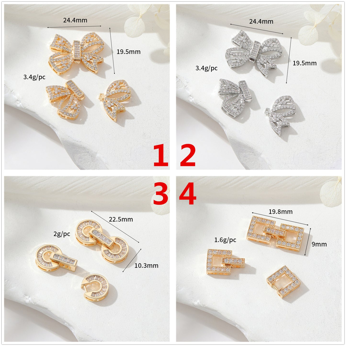 2 Schleife, Schmetterling, rund, quadratisch, H-Herz, Blumenverschluss, 14K GF, Strassverzierung, Verbinder