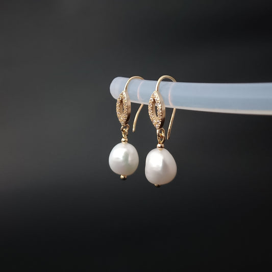 Natural Freshwater Baroque Pearl Earrings Daily Wear CZ 14K GF Plain Ear Hook Dangle Earing