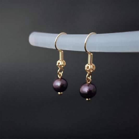 Natural Freshwater Black Pearl Earrings Daily Wear 14K GF Hollow Ball Ear Hook Dangle Earing