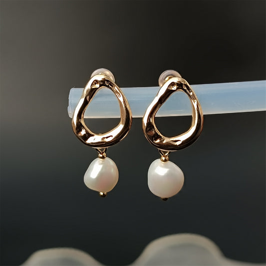 Natural Freshwater Baroque Pearl Earrings Daily Wear 14K GF Melt Waterdrop Circle Ear Stud Dangle Earing