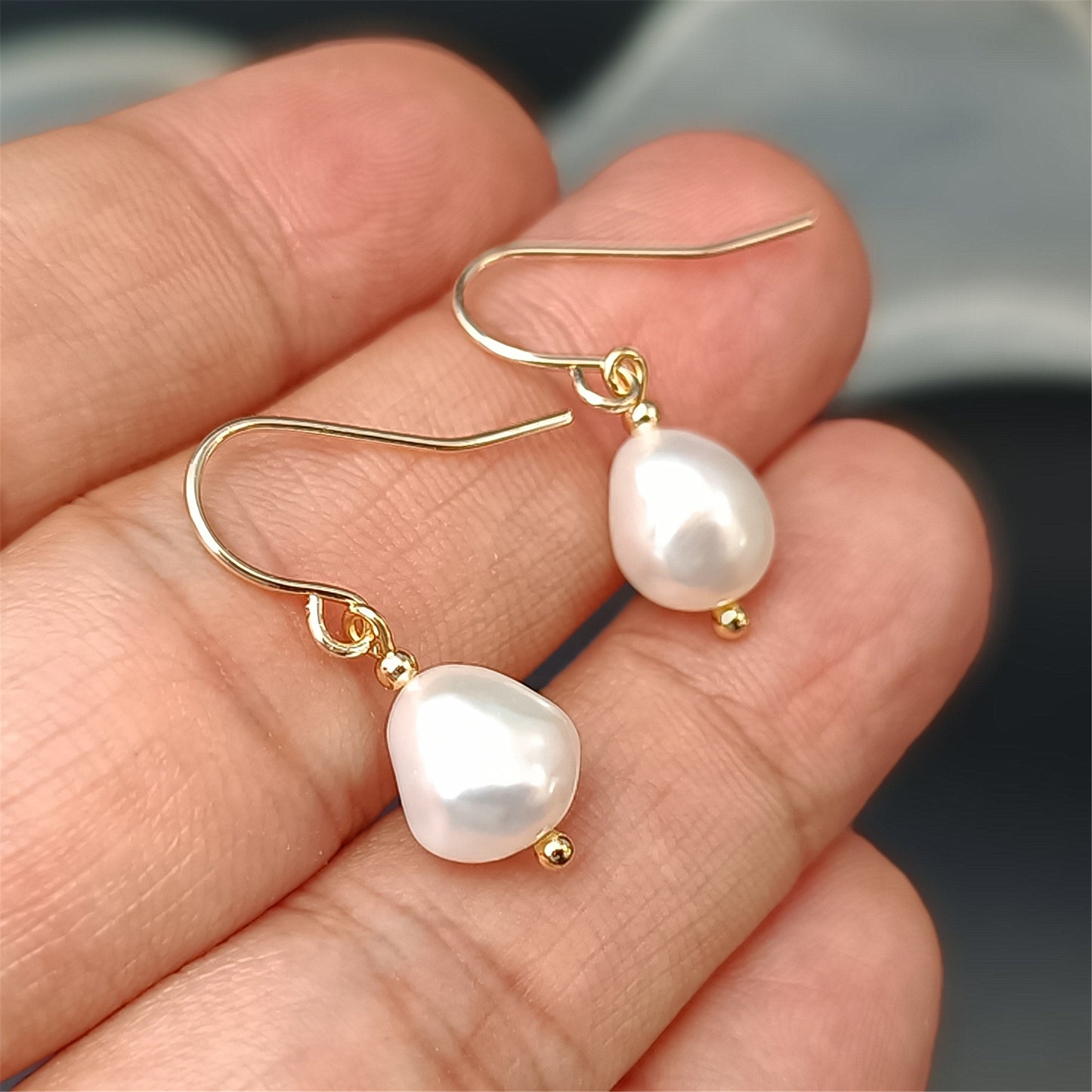 Natural Freshwater Baroque Pearl Hook Earrings Daily Wear 14K GF Plain Ear Hooks Dangle Earing