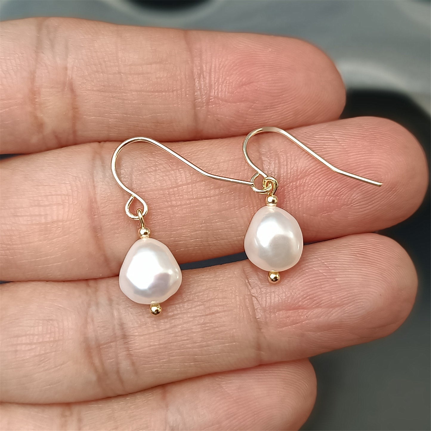 Natural Freshwater Baroque Pearl Hook Earrings Daily Wear 14K GF Plain Ear Hooks Dangle Earing