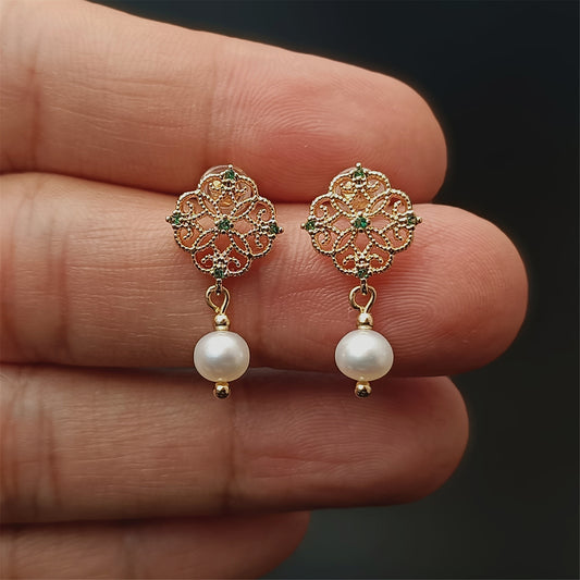 Natural Freshwater Baroque Pearl Earrings Daily Wear 14K GF CZ Floral Ear Stud Dangle Earing