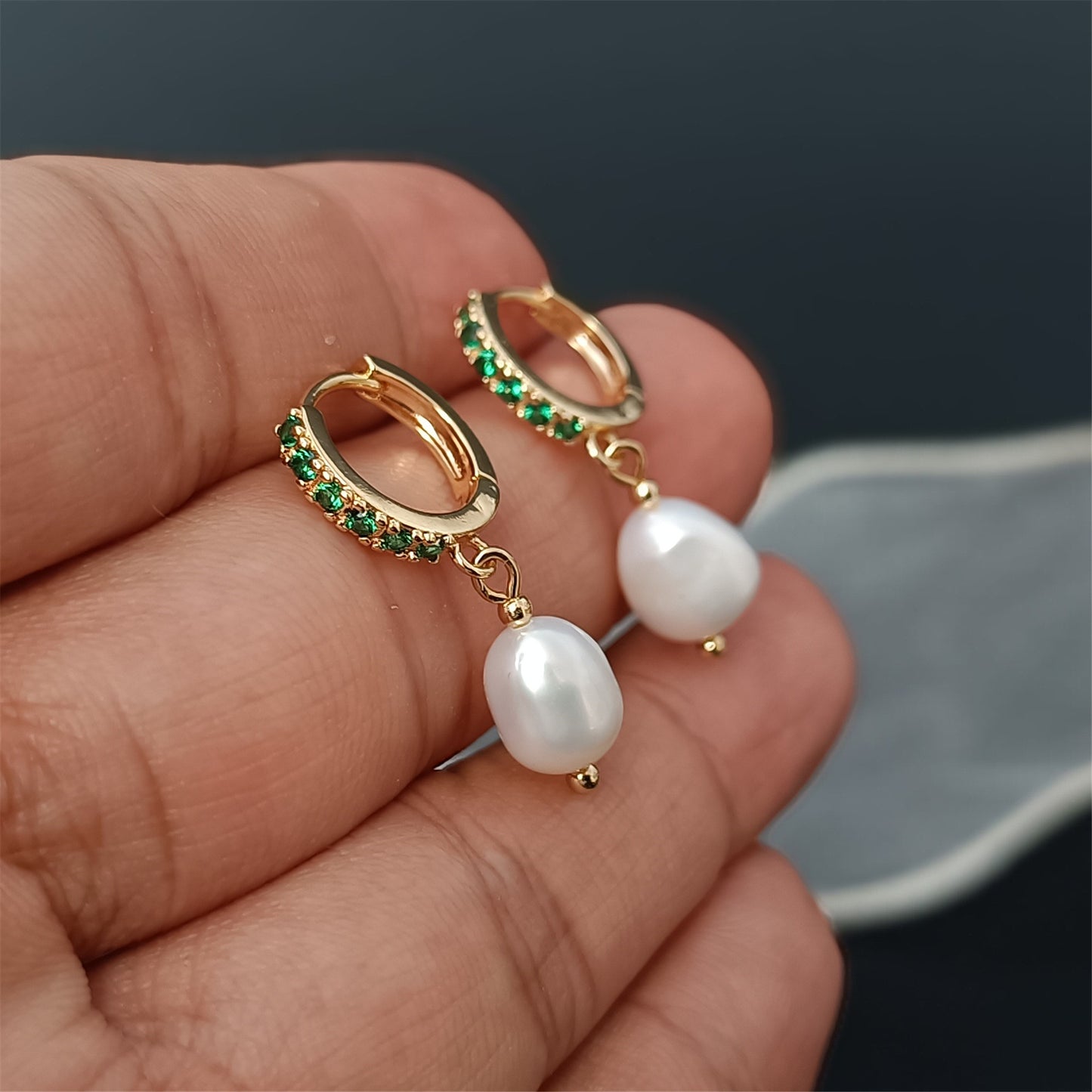 Natural Freshwater Baroque Pearl Huggie Hoop Earrings Daily Wear 14K GF CZ Crystal Ear Hoops Dangle Earing