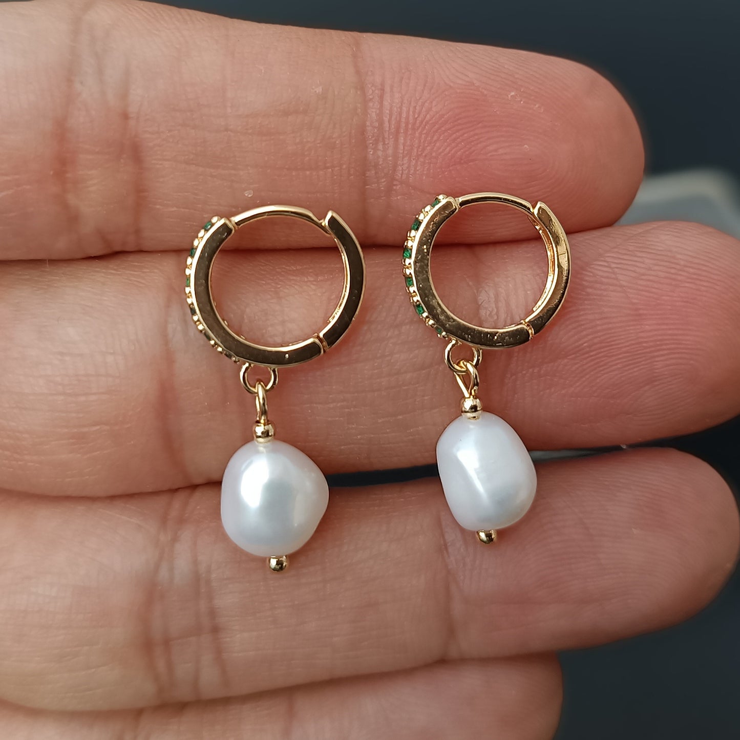 Natural Freshwater Baroque Pearl Huggie Hoop Earrings Daily Wear 14K GF CZ Crystal Ear Hoops Dangle Earing