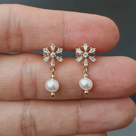 Natural Freshwater Pearl Earrings Daily Wear 14K GF CZ Snowflake Ear Stud Dangle Earing