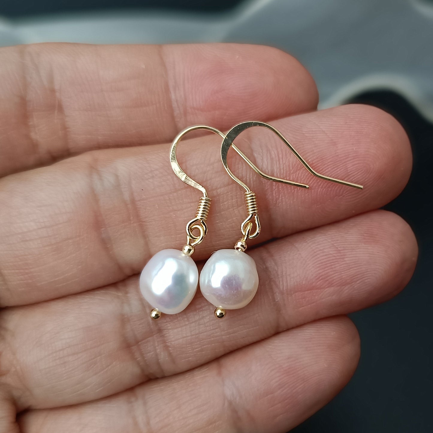 Natural Freshwater Baroque Pearl Hook Earrings Daily Wear 14K GF Plain Spring Ear Hooks Dangle Earing