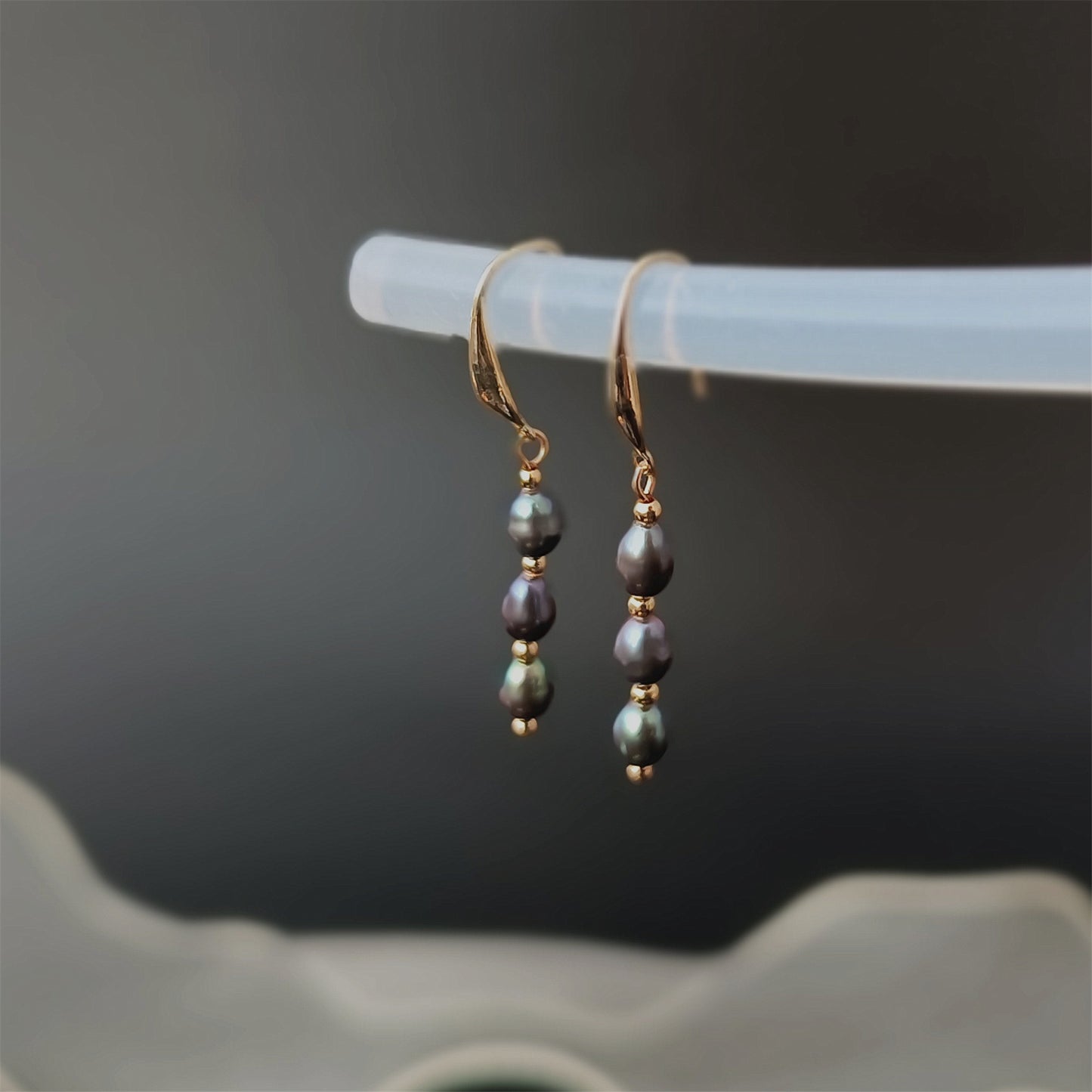 Natural Freshwater Three Black Pearls Hook Earrings Daily Wear 14K GF Plain Ear Hooks Dangle Earing