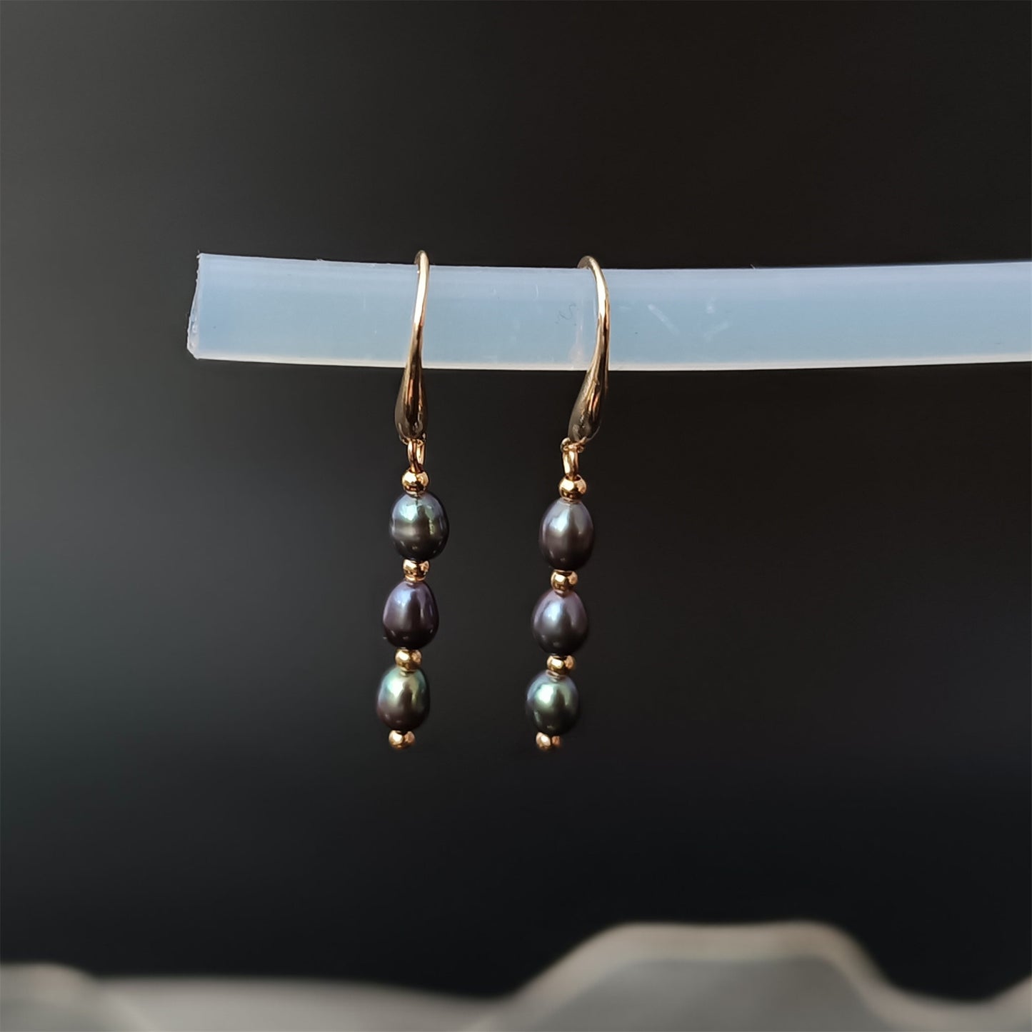 Natural Freshwater Three Black Pearls Hook Earrings Daily Wear 14K GF Plain Ear Hooks Dangle Earing