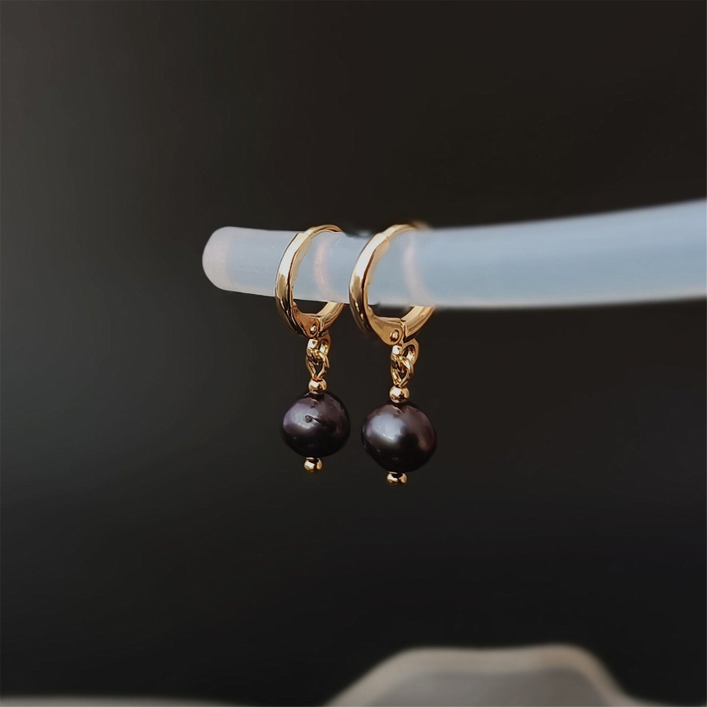 Natural Freshwater Black Pearl Hoop Earrings Daily Wear 14K GF Plain Ear Huggie Hoops Dangle Earing