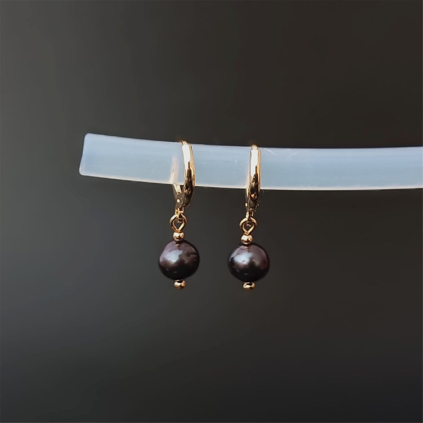 Natural Freshwater Black Pearl Hoop Earrings Daily Wear 14K GF Plain Ear Huggie Hoops Dangle Earing