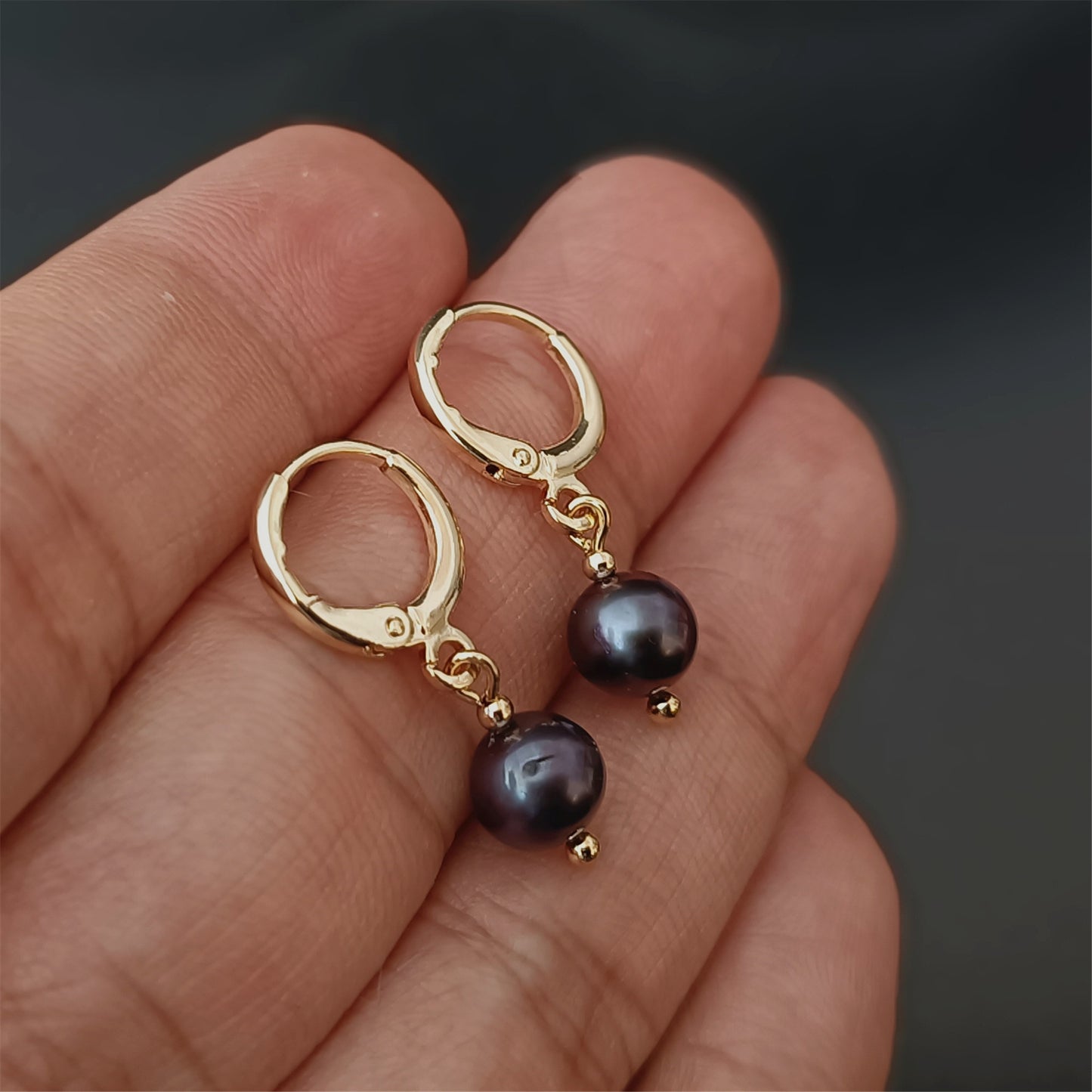 Natural Freshwater Black Pearl Hoop Earrings Daily Wear 14K GF Plain Ear Huggie Hoops Dangle Earing