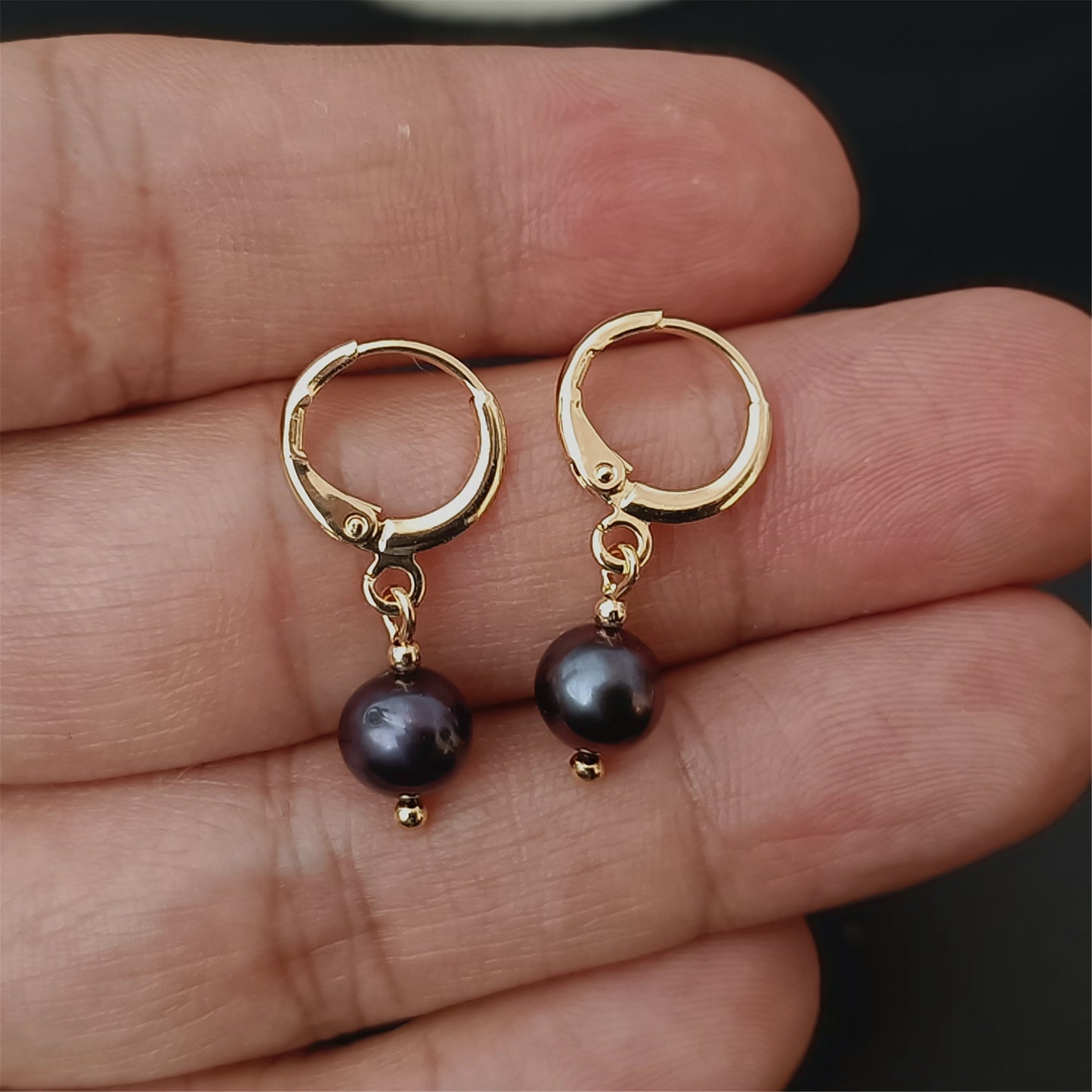 Natural Freshwater Black Pearl Hoop Earrings Daily Wear 14K GF Plain Ear Huggie Hoops Dangle Earing