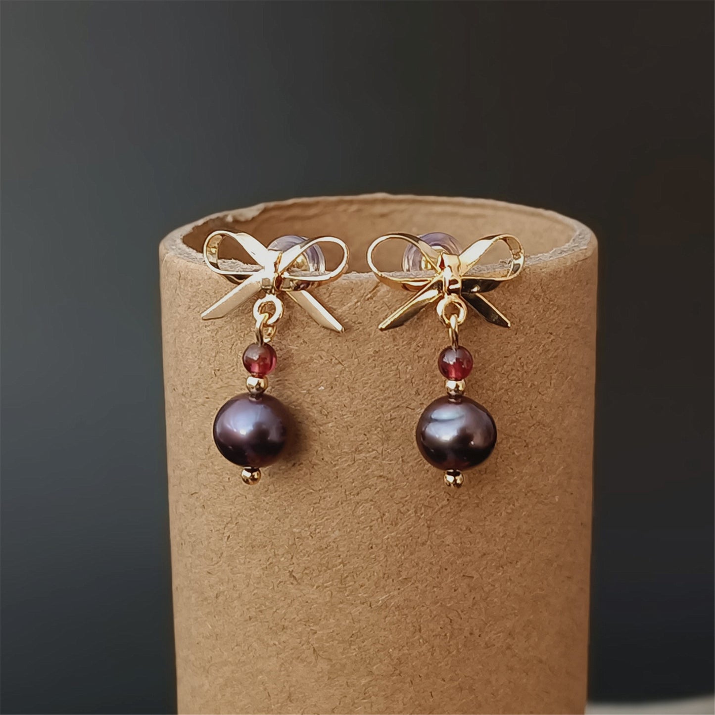 Natural Freshwater Black Pearl Earrings Daily Wear 14K GF Bowknot Ear Stud Dangle Earing