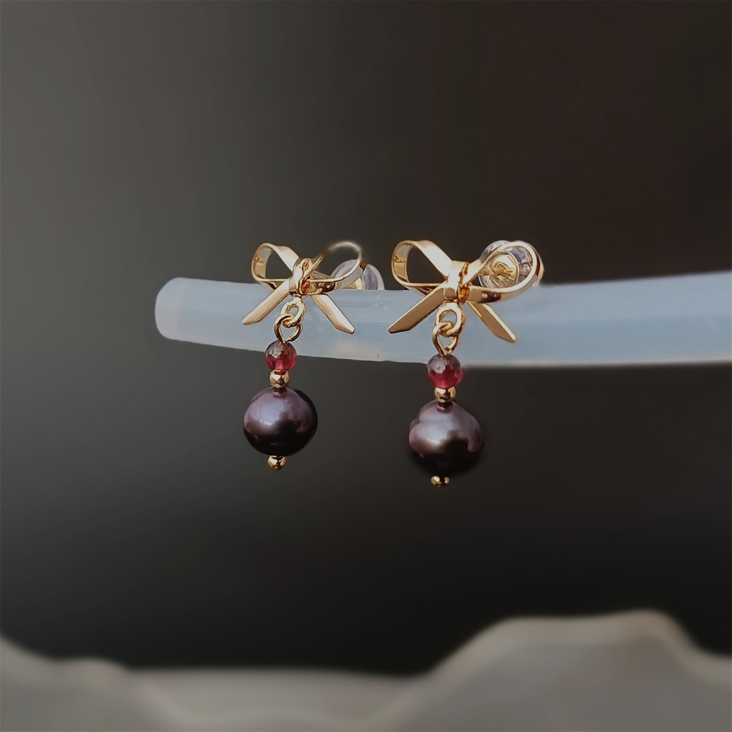 Natural Freshwater Black Pearl Earrings Daily Wear 14K GF Bowknot Ear Stud Dangle Earing