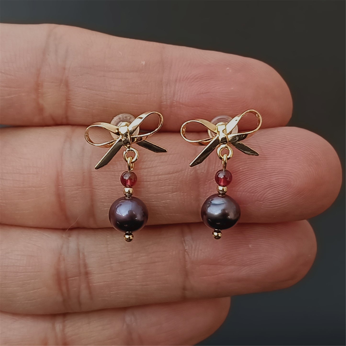 Natural Freshwater Black Pearl Earrings Daily Wear 14K GF Bowknot Ear Stud Dangle Earing