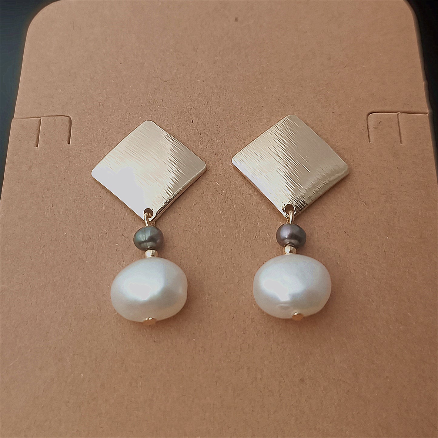 Natural Freshwater Baroque Pearl Earrings Daily Wear Frosted Square 14K GF Ear Stud Dangle Earing