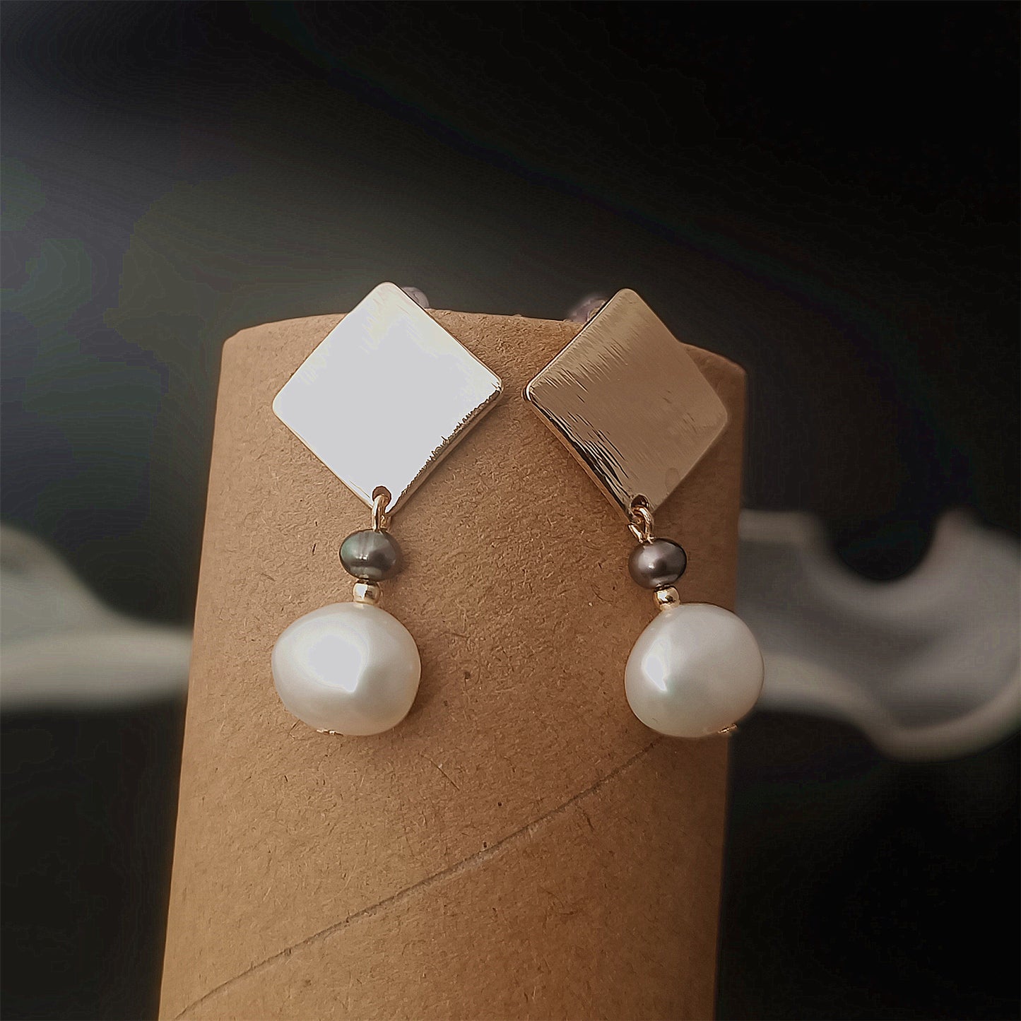 Natural Freshwater Baroque Pearl Earrings Daily Wear Frosted Square 14K GF Ear Stud Dangle Earing