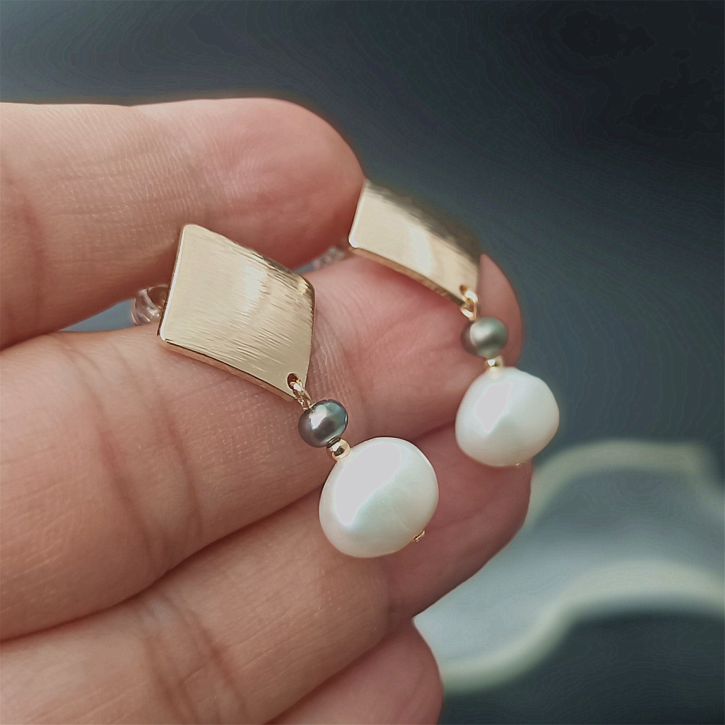 Natural Freshwater Baroque Pearl Earrings Daily Wear Frosted Square 14K GF Ear Stud Dangle Earing