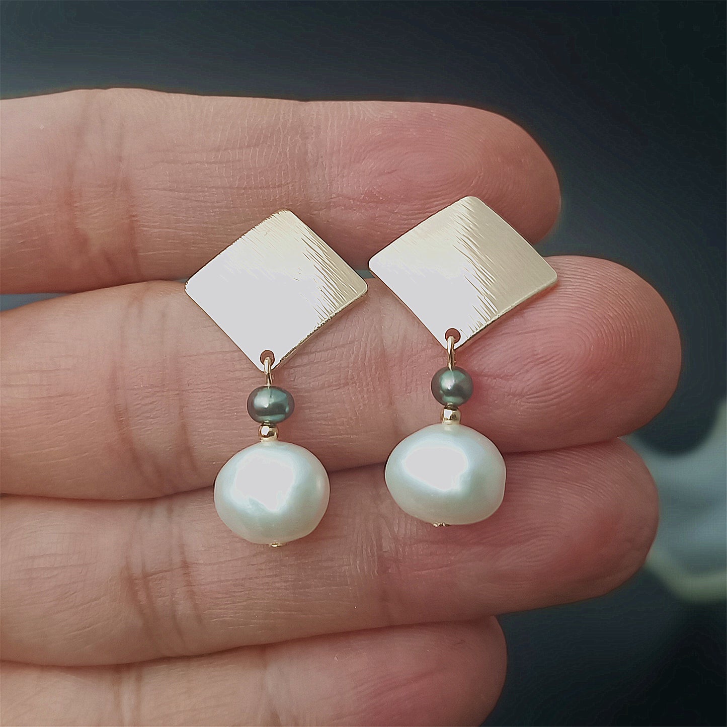 Natural Freshwater Baroque Pearl Earrings Daily Wear Frosted Square 14K GF Ear Stud Dangle Earing