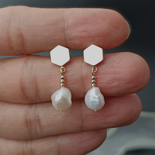 Natural Freshwater Baroque Pearl Earrings Daily Wear Hexagon 14K GF Ear Stud Dangle Earing