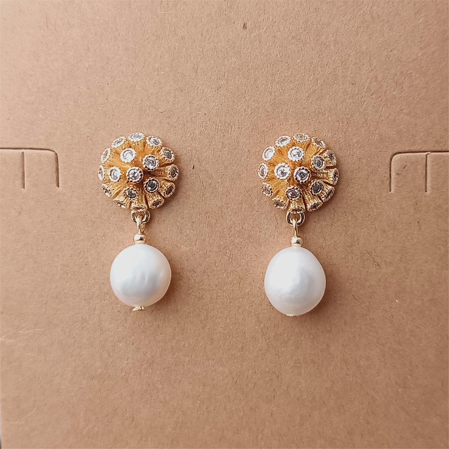 Natural Freshwater Baroque Pearl Earrings Daily Wear 14K GF CZ Dome Floral Ear Stud Dangle Earing