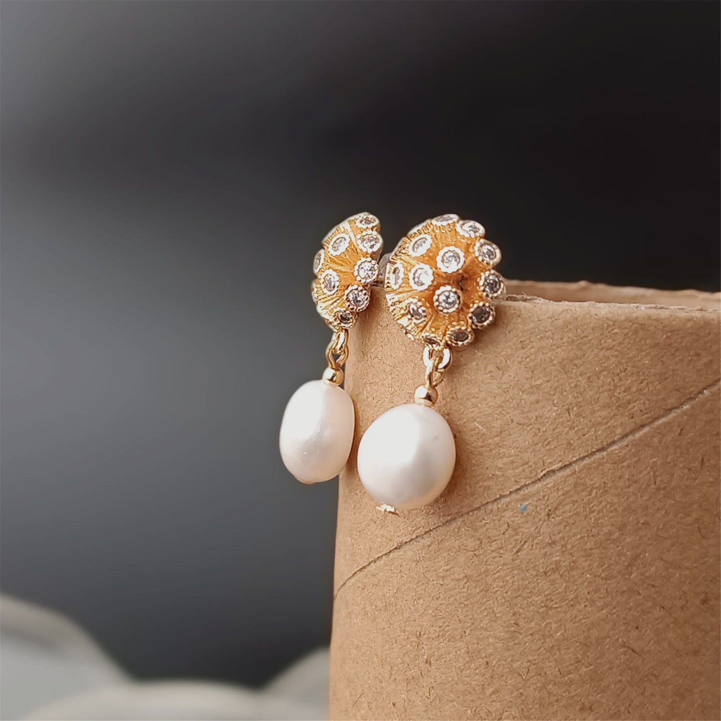 Natural Freshwater Baroque Pearl Earrings Daily Wear 14K GF CZ Dome Floral Ear Stud Dangle Earing