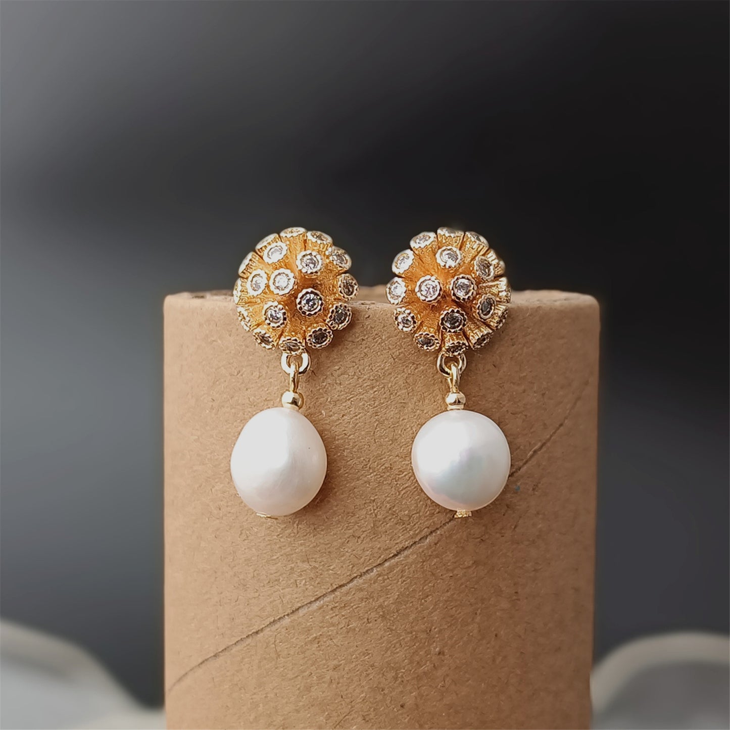 Natural Freshwater Baroque Pearl Earrings Daily Wear 14K GF CZ Dome Floral Ear Stud Dangle Earing