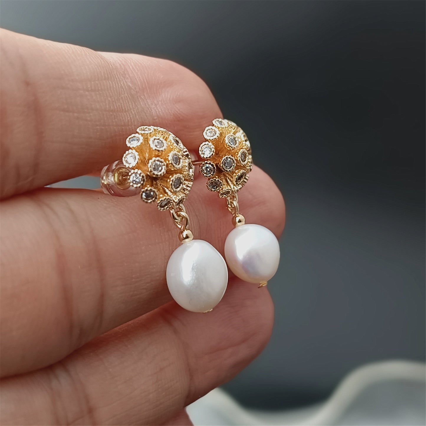 Natural Freshwater Baroque Pearl Earrings Daily Wear 14K GF CZ Dome Floral Ear Stud Dangle Earing