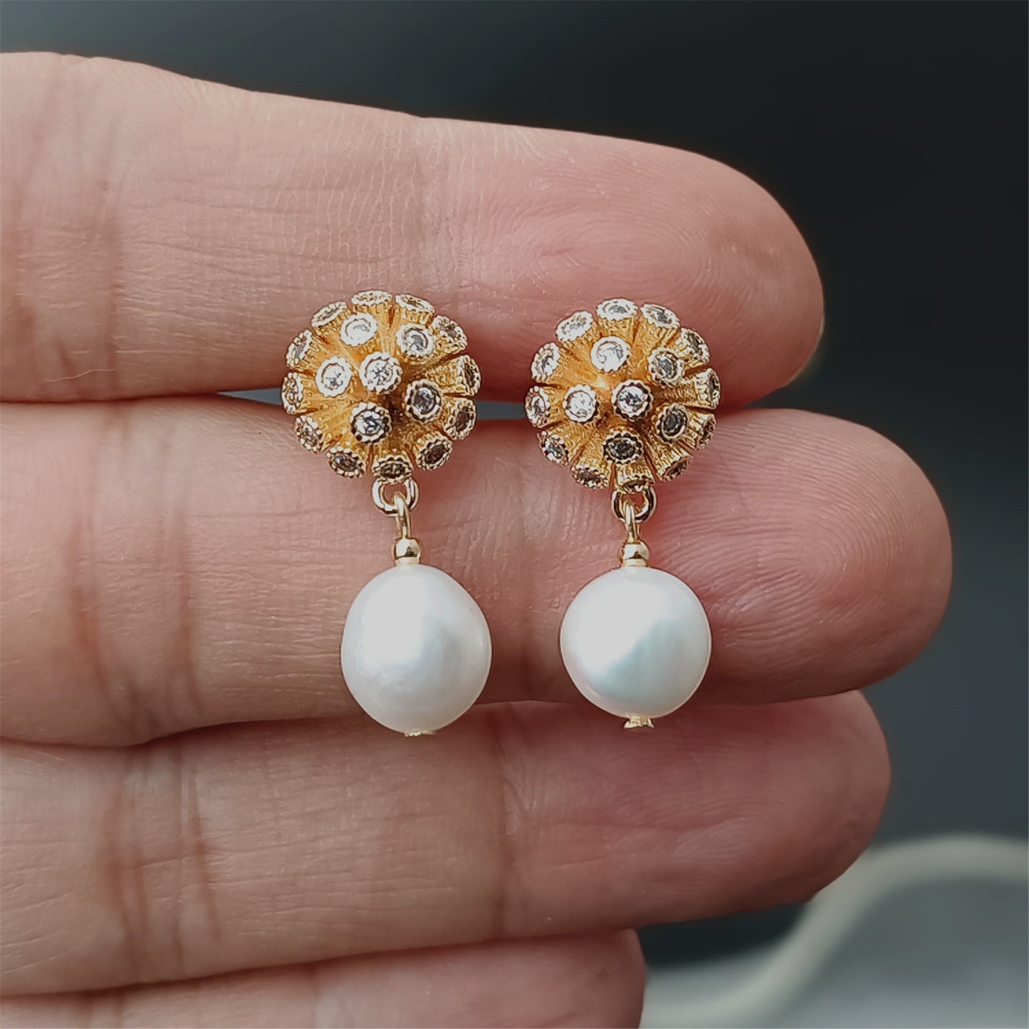 Natural Freshwater Baroque Pearl Earrings Daily Wear 14K GF CZ Dome Floral Ear Stud Dangle Earing