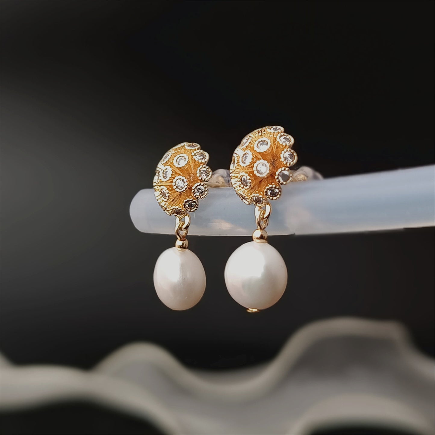 Natural Freshwater Baroque Pearl Earrings Daily Wear 14K GF CZ Dome Floral Ear Stud Dangle Earing